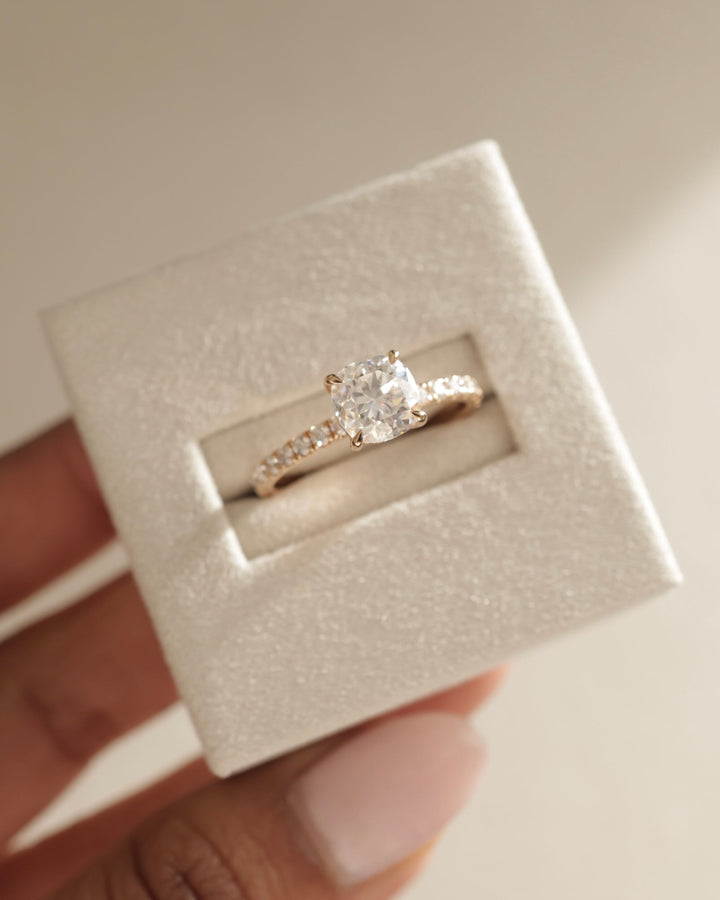 2.0 CT Cushion Cut Moissanite Hidden Halo &amp; Pave Engagement Ring