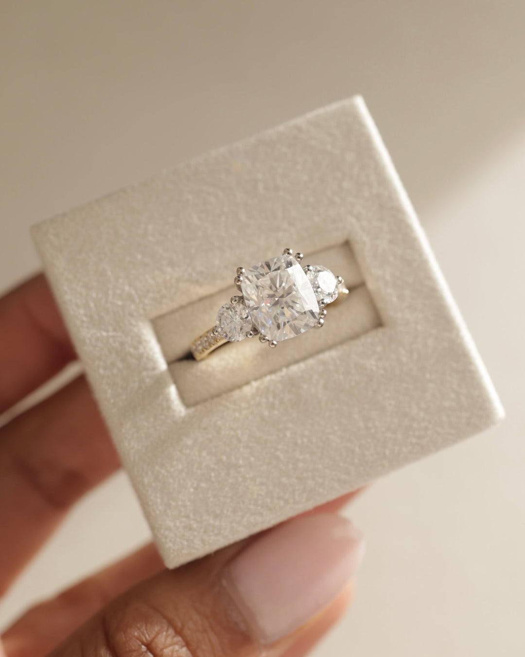 2.65 CT Cushion Cut Moissanite Three Stone &amp; Pave Engagement Ring