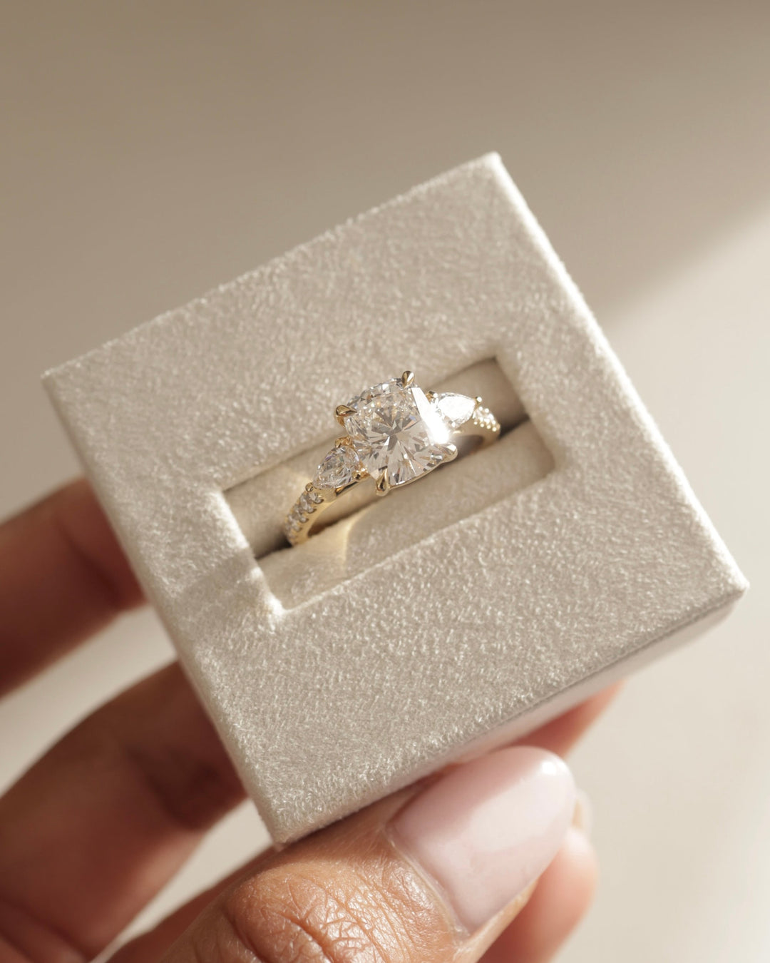 2.02 CT Elongated Cushion Cut Moissanite Three Stone &amp; Pave Engagement Ring