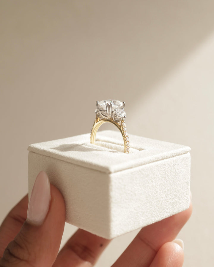 2.65 CT Cushion Cut Moissanite Three Stone &amp; Pave Engagement Ring