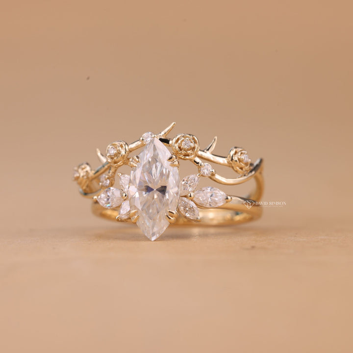 Sustainable Nature Ring
Sparkling Marquise Cluster
Marquise Leaf Motif Ring
Forest Inspired Engagement Ring
Marquise Bridal Cluster Set

