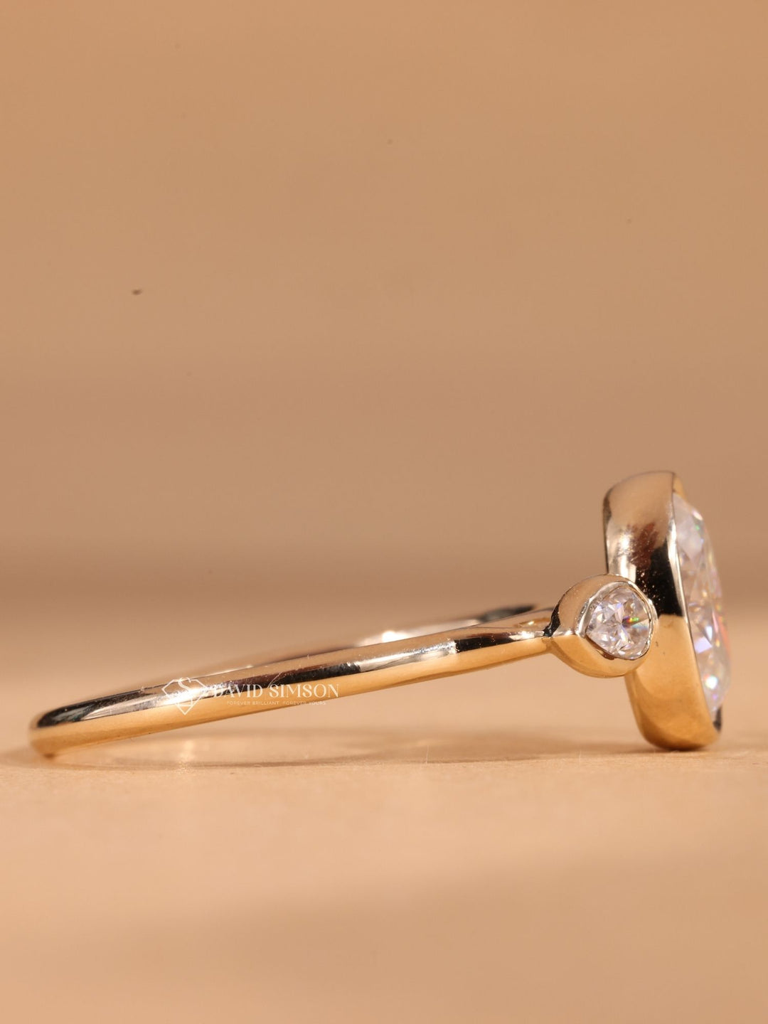  Handmade Moissanite Ring, 14k Gold Bezel Ring, 18k Gold Oval Ring, White Gold Three Stone, Yellow Gold Bezel Set, 