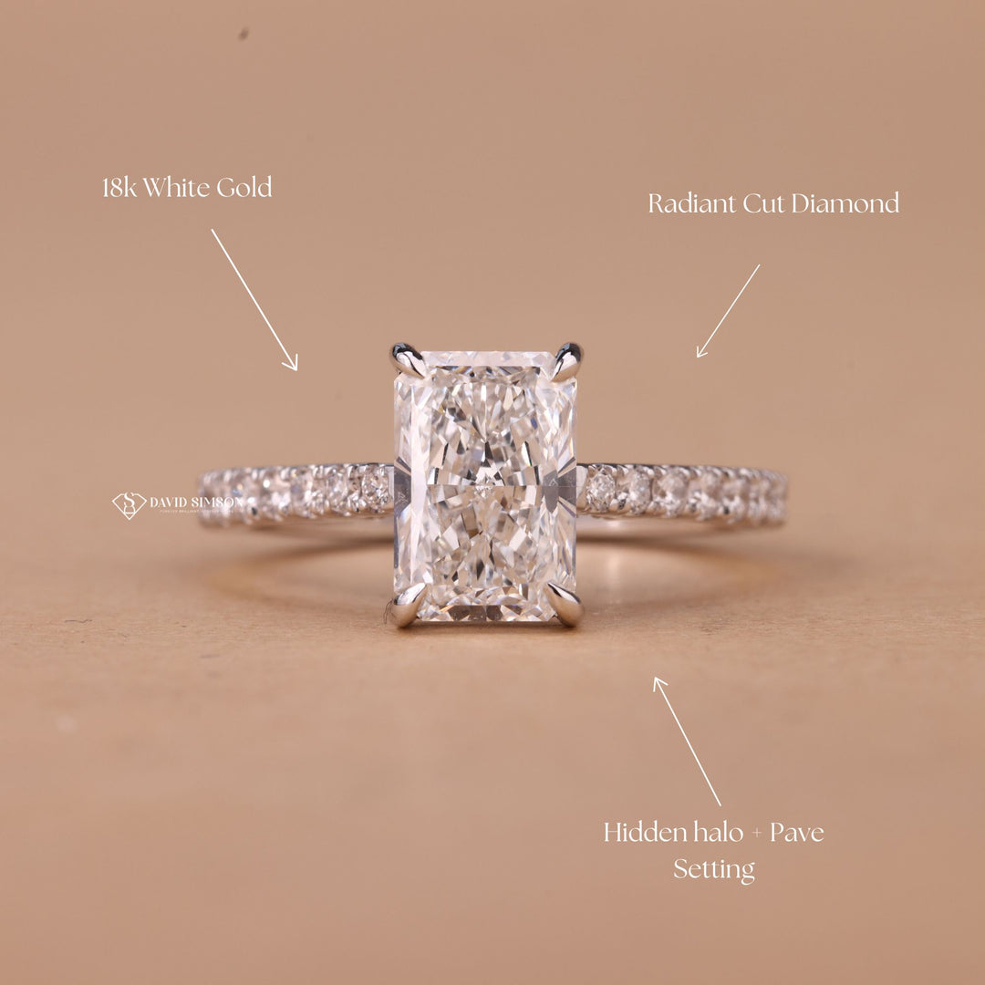Radiant Cut Hidden Halo
2.5 Carat Moissanite
Moissanite Diamond Ring
Radiant Diamond Alternative
Hidden Accent Ring
