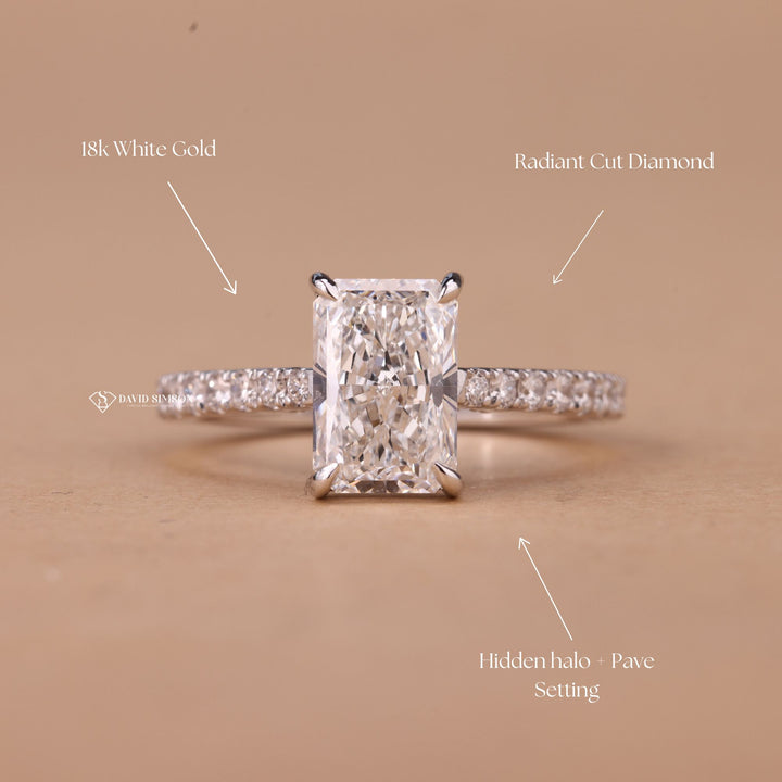 Radiant Cut Hidden Halo
2.5 Carat Moissanite
Moissanite Diamond Ring
Radiant Diamond Alternative
Hidden Accent Ring
