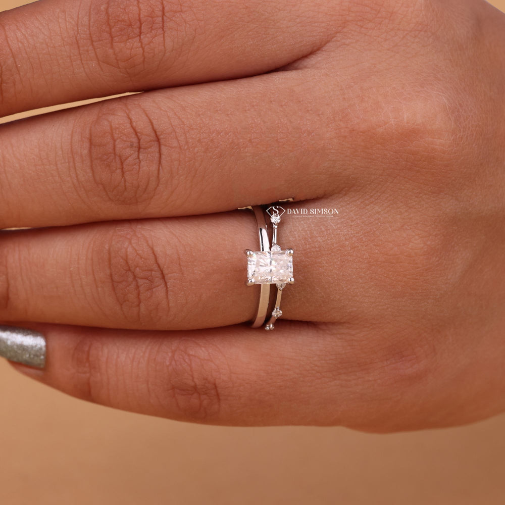 Radiant Cut Solitaire, Contoured Wedding Band, 1 Carat Moissanite, Radiant Cut Engagement Ring, Hidden Halo Ring, 