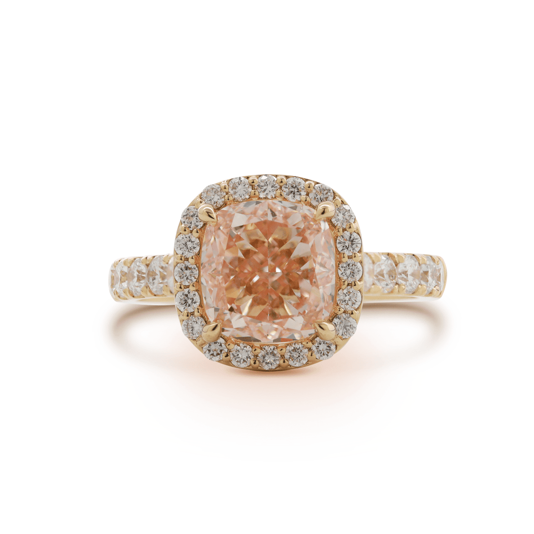Bespoke Pink Diamond RingSustainable Pink Lab DiamondHigh-End Bridal JewelryMicro-Pave Halo RingPink Cushion Diamond Halo