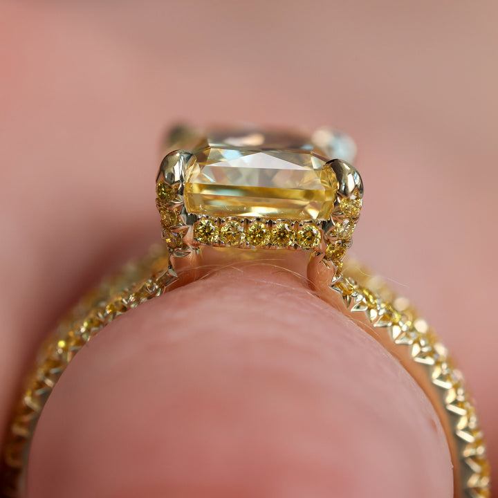 Lab Grown Moissanite, Split Band Ring, Pave Engagement Ring, Elongated Radiant, Yellow Gemstone