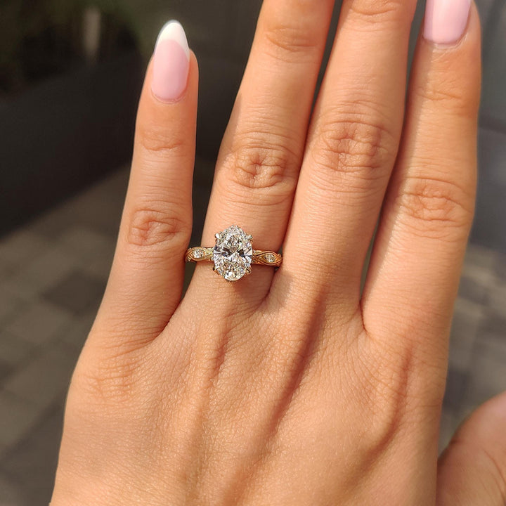 Unique Vintage Ring
Lab Grown Moissanite
Victorian Style Ring
Intricate Filigree Band
Elongated Oval Ring
Conflict Free Ring
