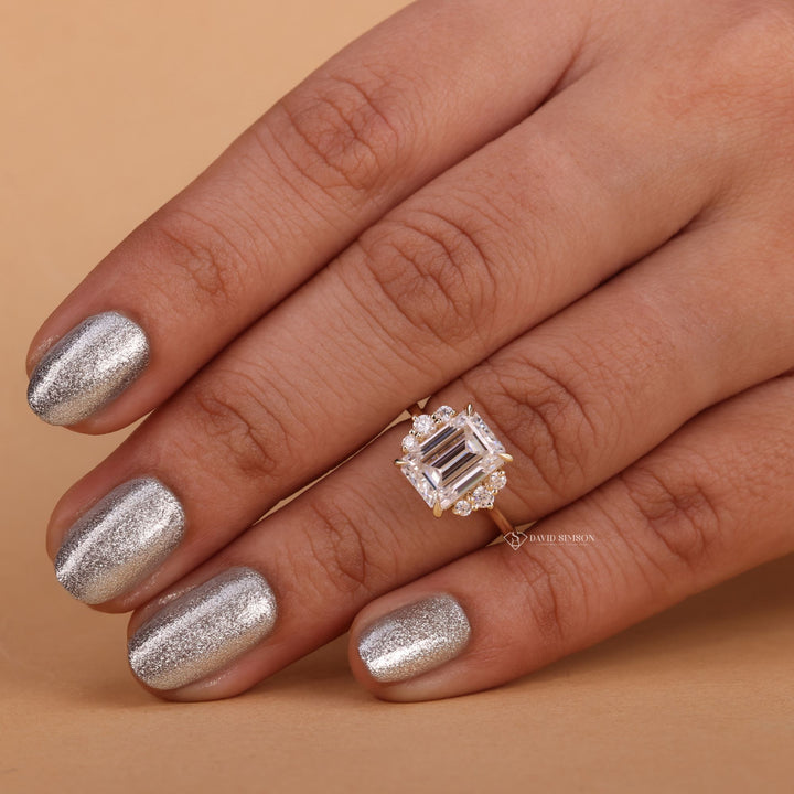 Lab Created Emerald Cut Ring
Step Cut Moissanite Cluster
High Sparkle Emerald Moissanite