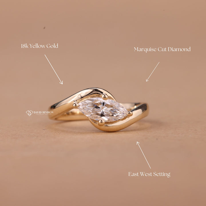 1.0CT-2.0CT Marquise Cut Moissanite Diamond East West Unique Bypass Engagement Ring