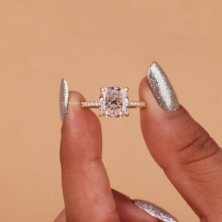 2.0CT-4.0CT Cushion Cut Moissanite Diamond Hidden Halo Engagement Ring