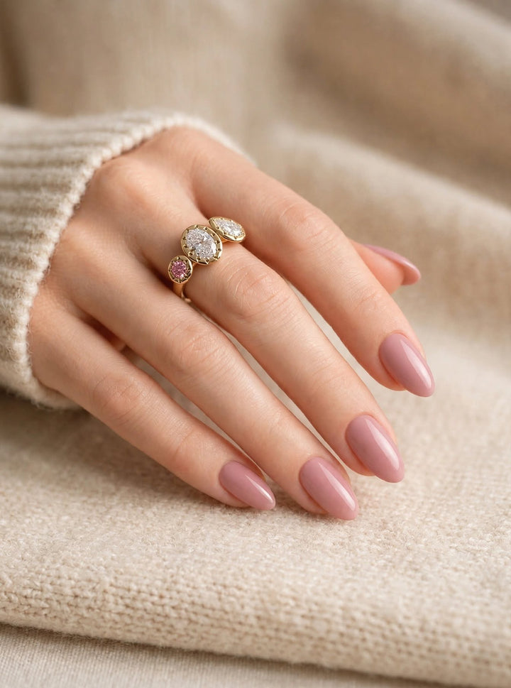 2.0CT Oval Cut Lab Grown Diamond Vintage Three Stone Toi et Moi Engagement Ring with Pink Diamond
