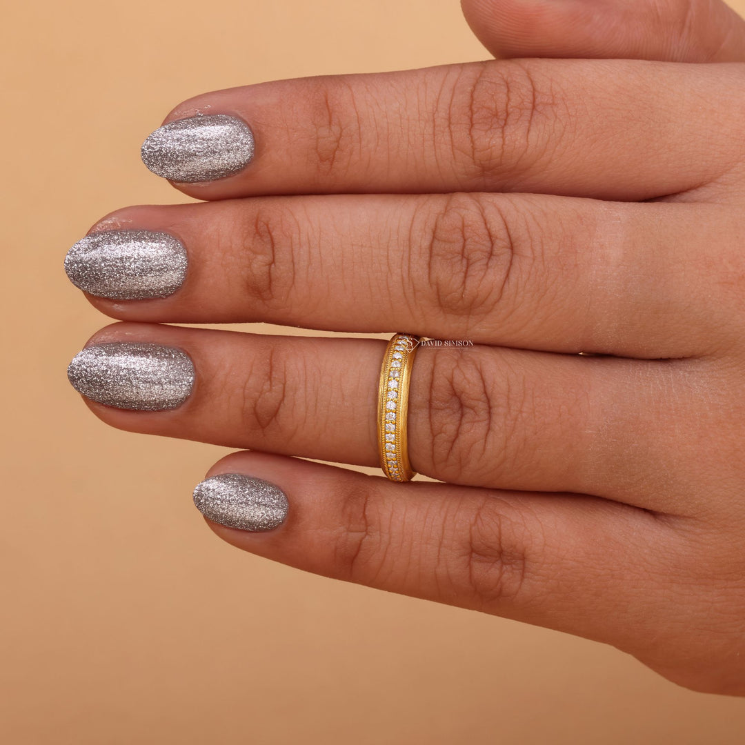 Milgrain Eternity, Round Moissanite Band, Diamond Alternative, Lab Grown Moissanite, 14K Gold Band, 18K White Gold,