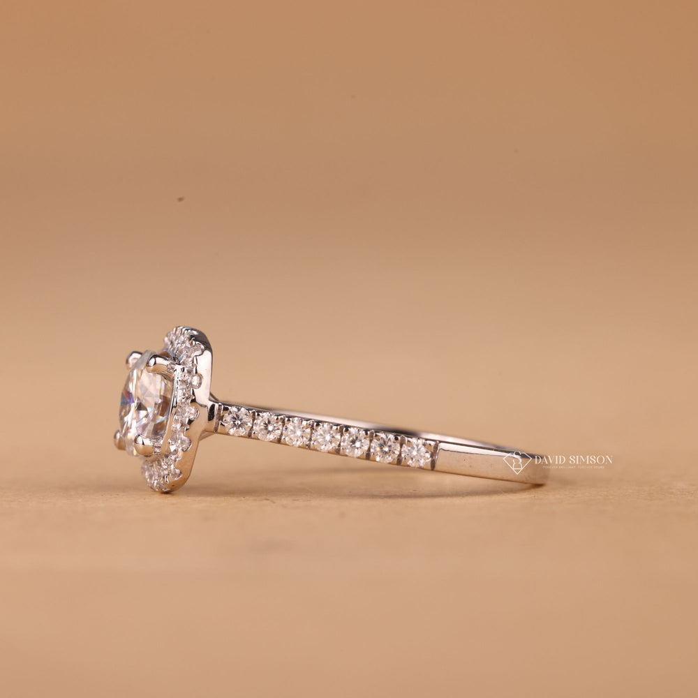 Round Cut Diamond Moissanite Halo Engagement Ring for Women, designed to pair with a diamond halo ring
