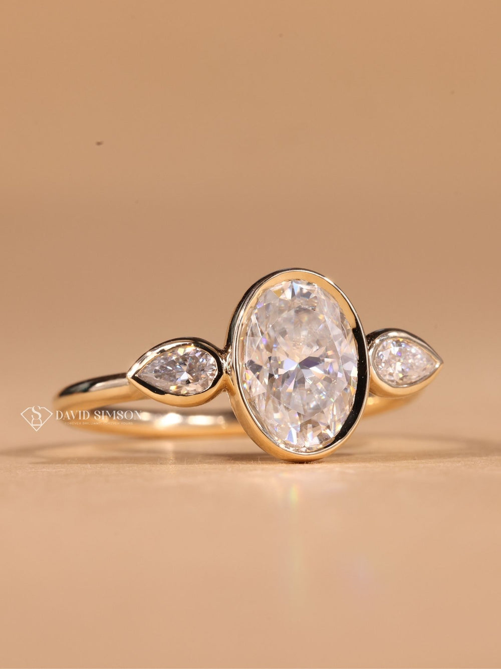  Moissanite Three Stone, Lab Grown Diamond Alternative, Oval Bezel Engagement Ring, Trilogy Engagement Ring, Oval and Pear Three Stone, 