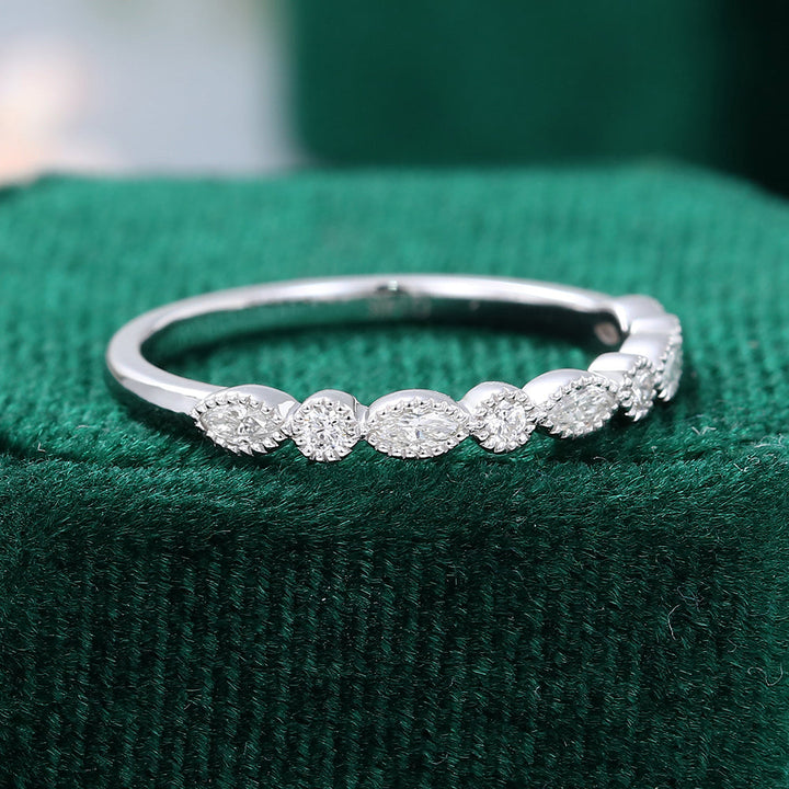 marquise-round-moissanite-milgrain-style-wedding-band