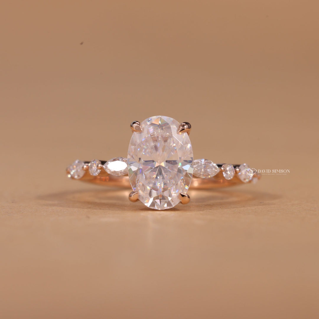 Conflict Free Ring, Sustainable Luxury, Handcrafted Ring, Yellow Gold Moissanite, Rose Gold Ring, Gift for Fiancée, Promise Ring, Crushed Ice Oval, Elegant Bridal, Minimalist Pave, High Brilliance Ring, 