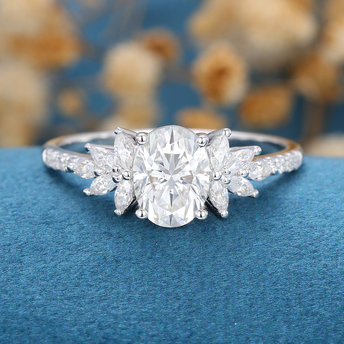 1.33ct Oval Moissanite Diamond Marquise Cluster Engagement Rings