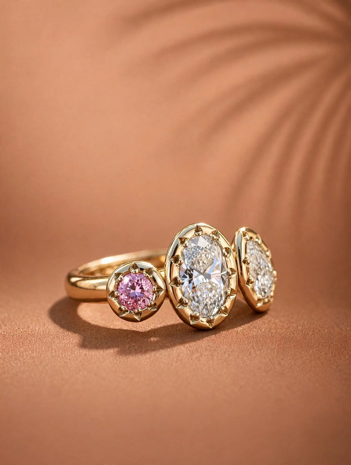 2.0CT Oval Cut Lab Grown Diamond Vintage Three Stone Toi et Moi Engagement Ring with Pink Diamond