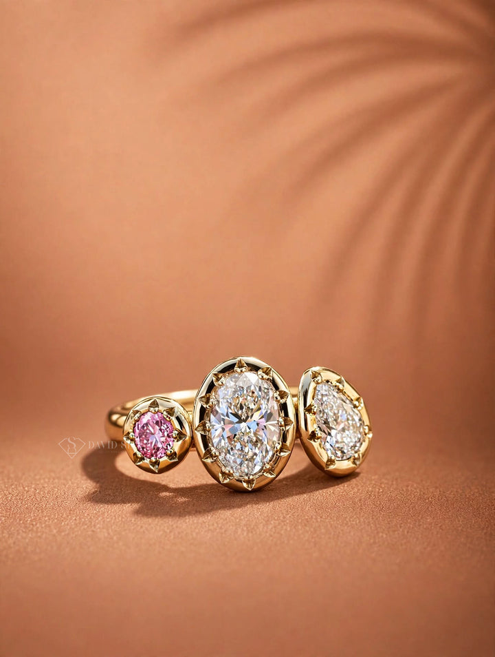 2.0CT Oval Cut Lab Grown Diamond Vintage Three Stone Toi et Moi Engagement Ring with Pink Diamond