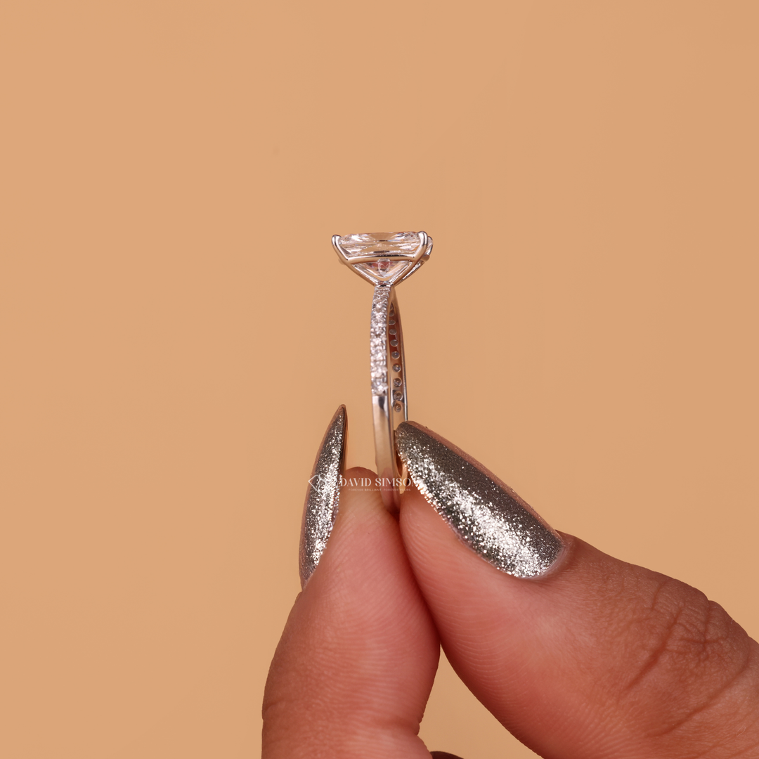 14K Gold Moissanite Ring
Hidden Halo Cushion Ring
Ethical Diamond Alternative
Elongated Cushion Solitaire
