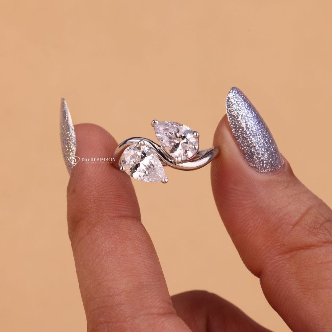 Pear Cut Moissanite, Toi et Moi Ring, DEF Colorless Moissanite,