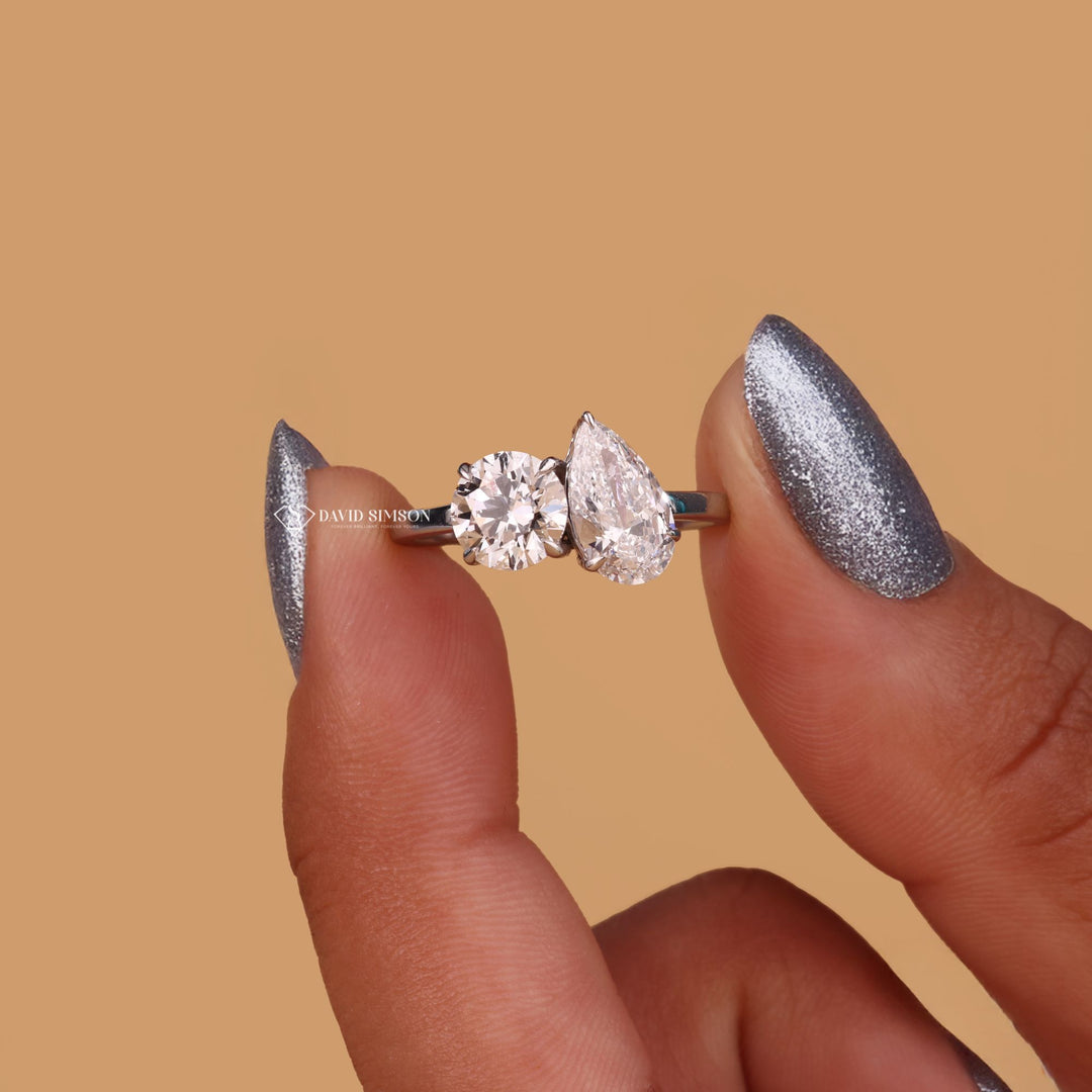 Pear Cut Moissanite, Round Cut Moissanite, Two Stone Engagement Ring, Toi et Moi Ring, Pear and Round Ring,