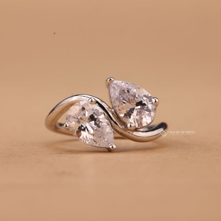 Ethical Engagement Ring, Luxury Moissanite, Colorless Two Stone Ring, Pear Cut Wedding Ring

