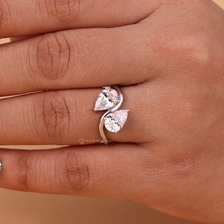 VVS Clarity Moissanite, Two Stone Engagement Ring, Pear Shape Moissanite, Teardrop Moissanite Ring, 