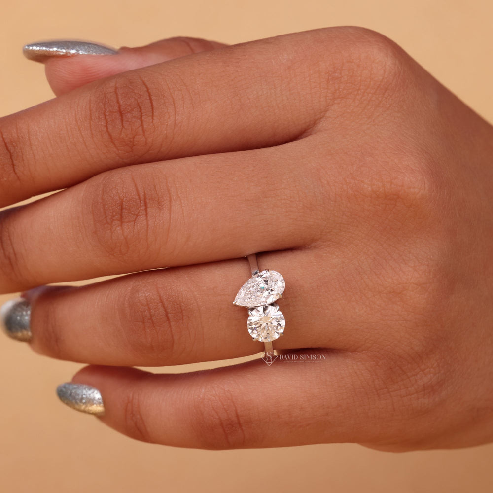 Moissanite Engagement Ring, Two Stone Diamond Ring, Pear Shape Moissanite, Round Brilliant Moissanite,