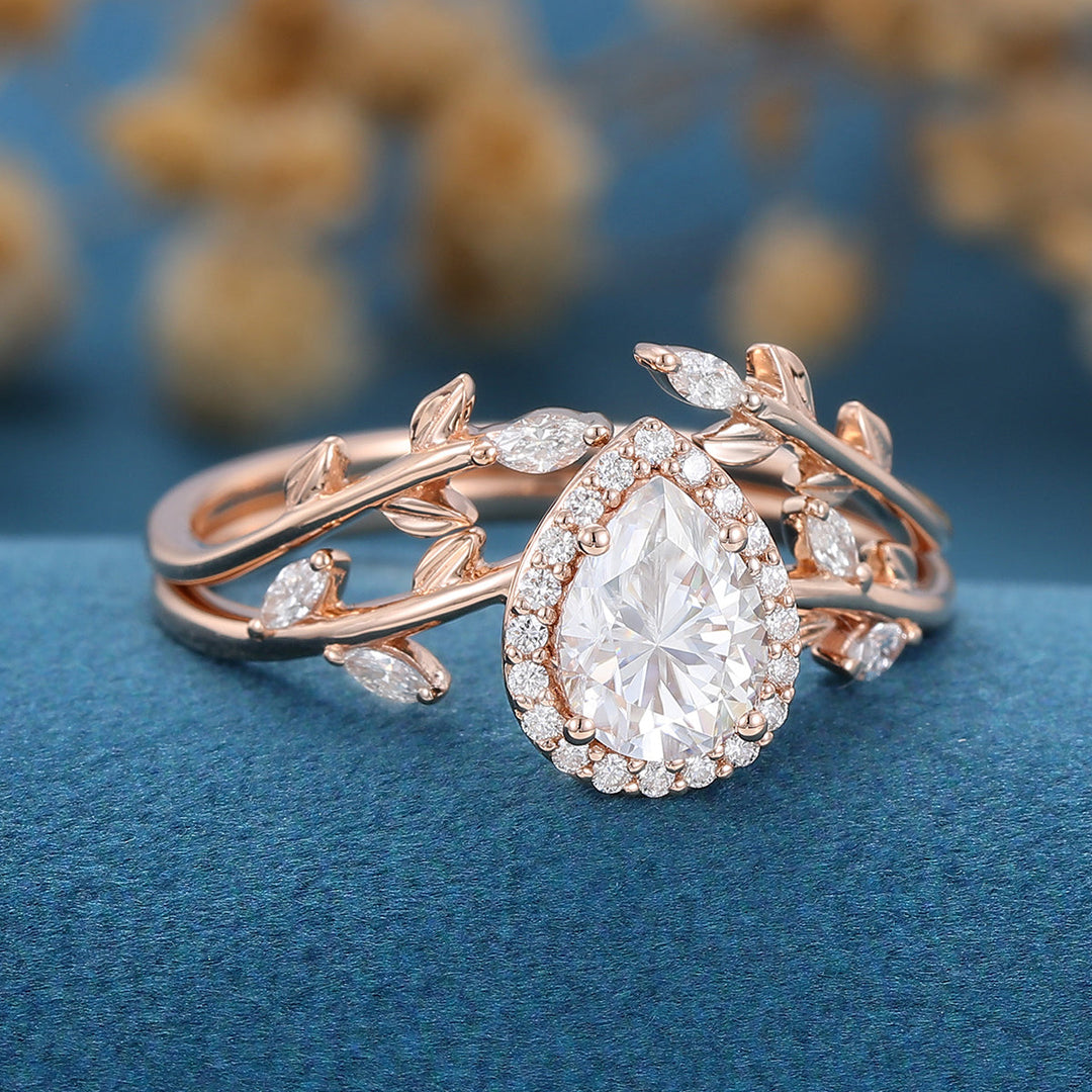 pear-shaped-moissanite-halo-nature-inspired-bridal-set