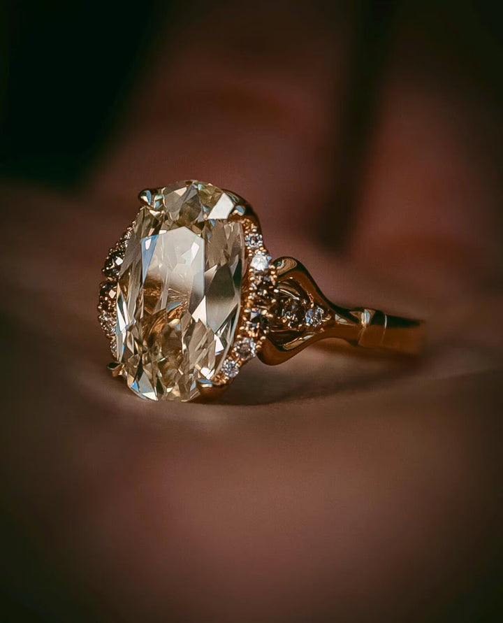 Platinum Moissanite, Anniversary Gift, Elongated Oval, Romantic Jewelry, Ornate Band, Milgrain Detail,