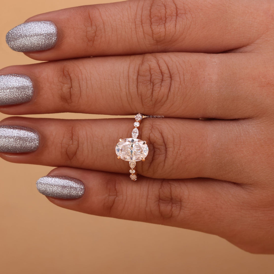 Handcrafted Ring, Yellow Gold Moissanite, Rose Gold Ring, Gift for Fiancée, Promise Ring, Crushed Ice Oval,
