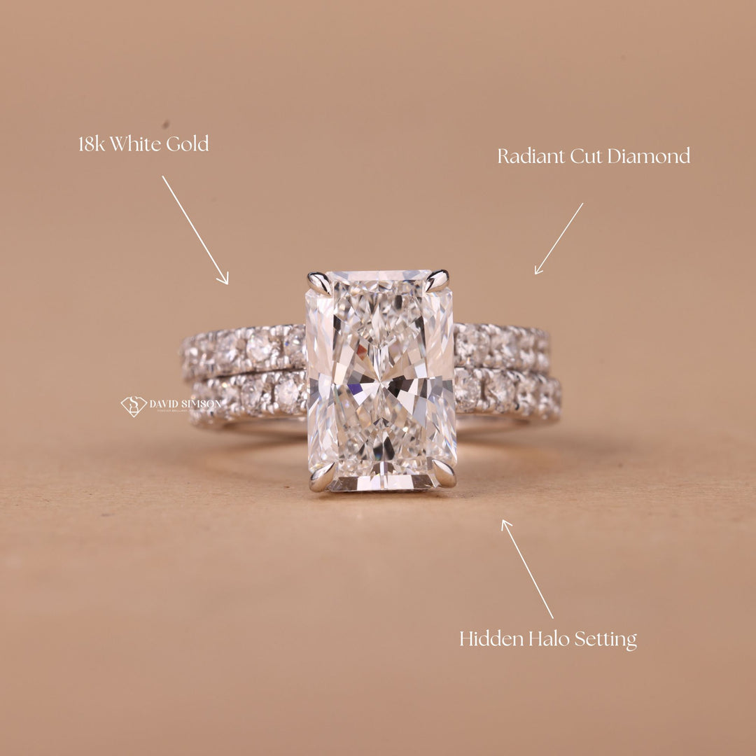 VVS1 Radiant Moissanite
Statement Bridal Ring
Lab Grown Moissanite
Ethical Engagement Set
Conflict Free Diamond
Radiant Solitaire Halo
