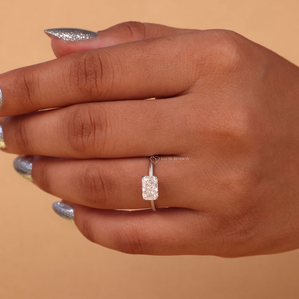 Radiant Cut Engagement Ring, Moissanite Engagement Ring, Hidden Halo Moissanite, East-West Solitaire, 
