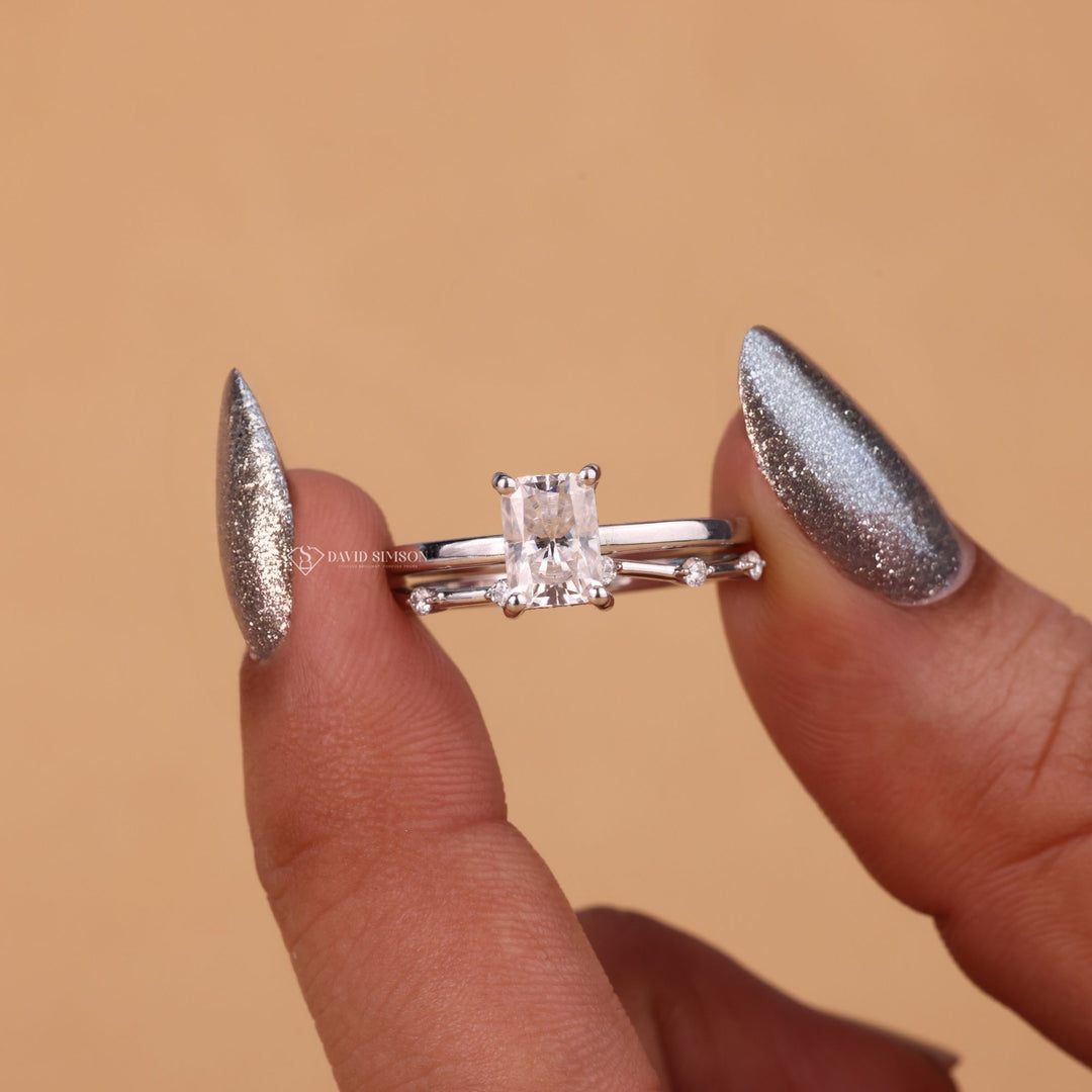 Radiant Cut Moissanite, 1ct Moissanite Ring, Radiant Solitaire Ring, Curved Wedding Band, Moissanite Bridal Set, 