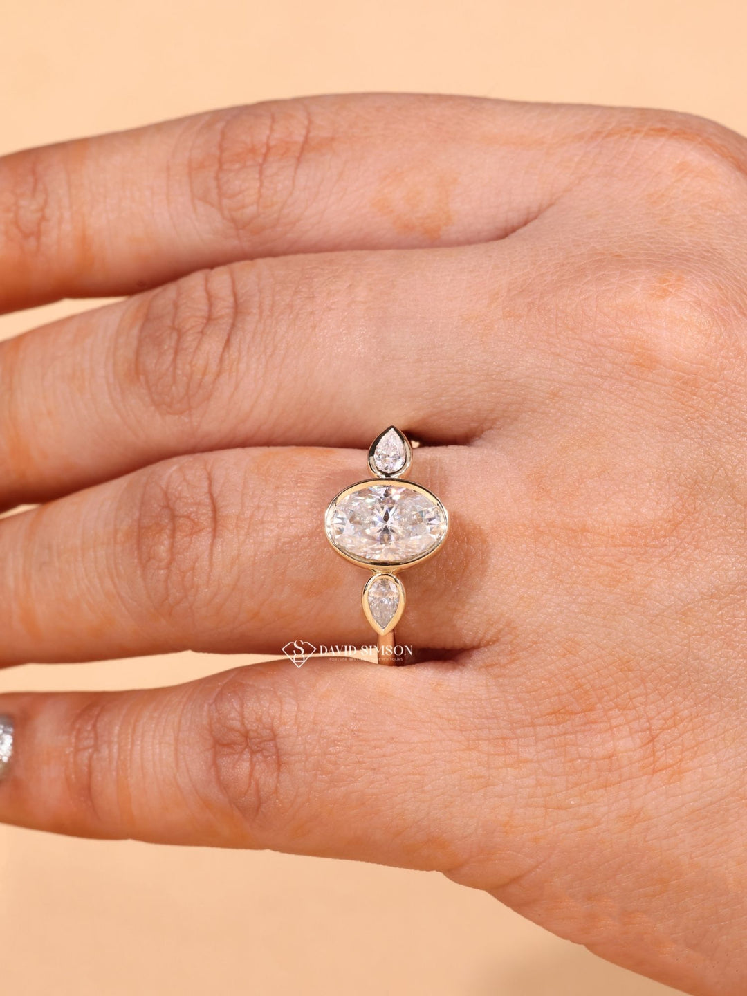 Bezel Set Oval Cut Diamond Moissanite Three Stone Engagement Ring