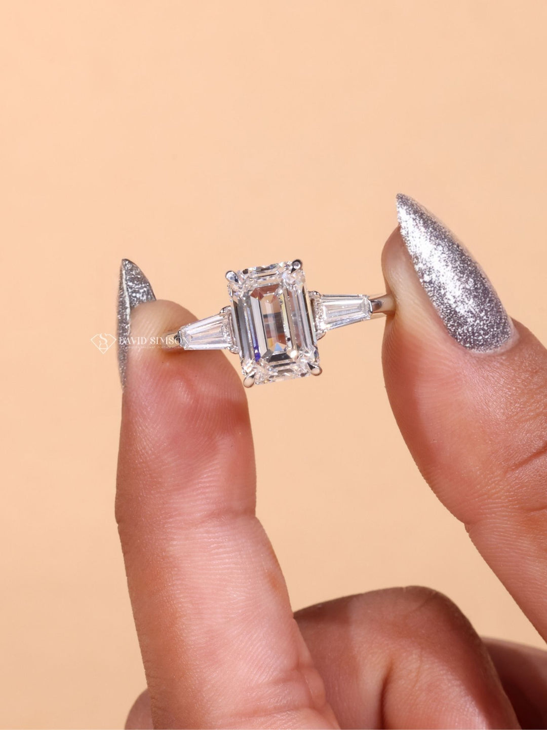 1.9 CT Emerald Cut Three Stone Moissanite Engagement Ring