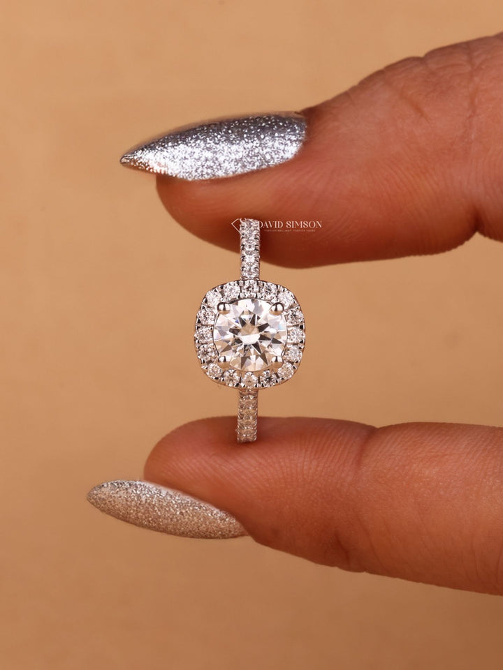 Round Cut Diamond Moissanite Halo Engagement Ring for Women