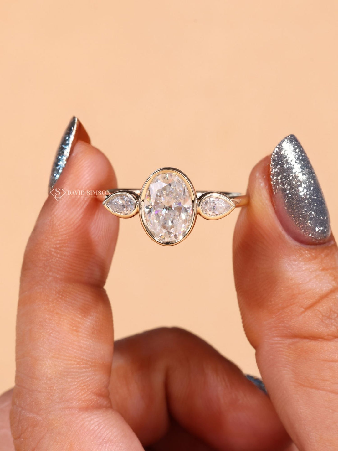 Bezel Set Oval Cut Diamond Moissanite Three Stone Engagement Ring