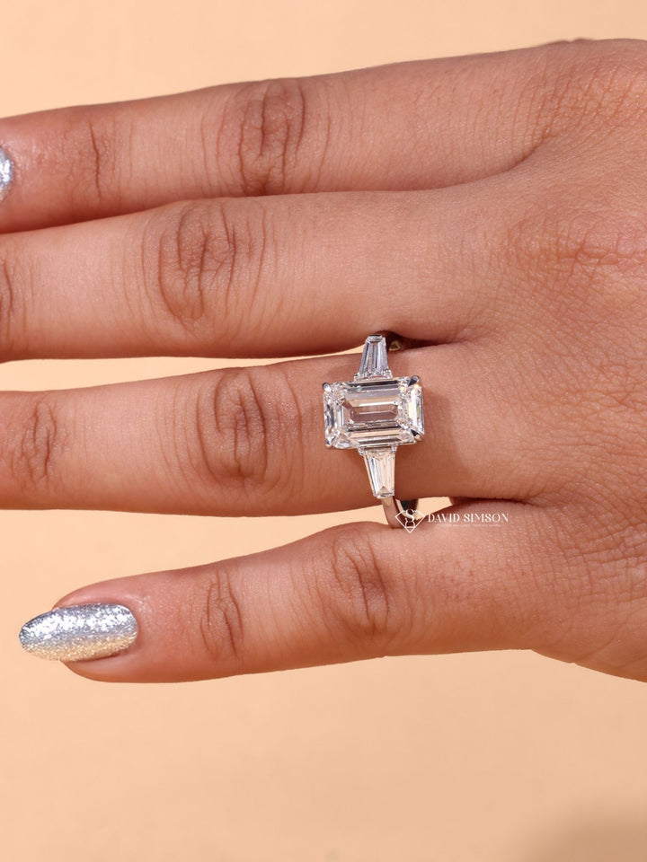 1.9 CT Emerald Cut Three Stone Moissanite Engagement Ring