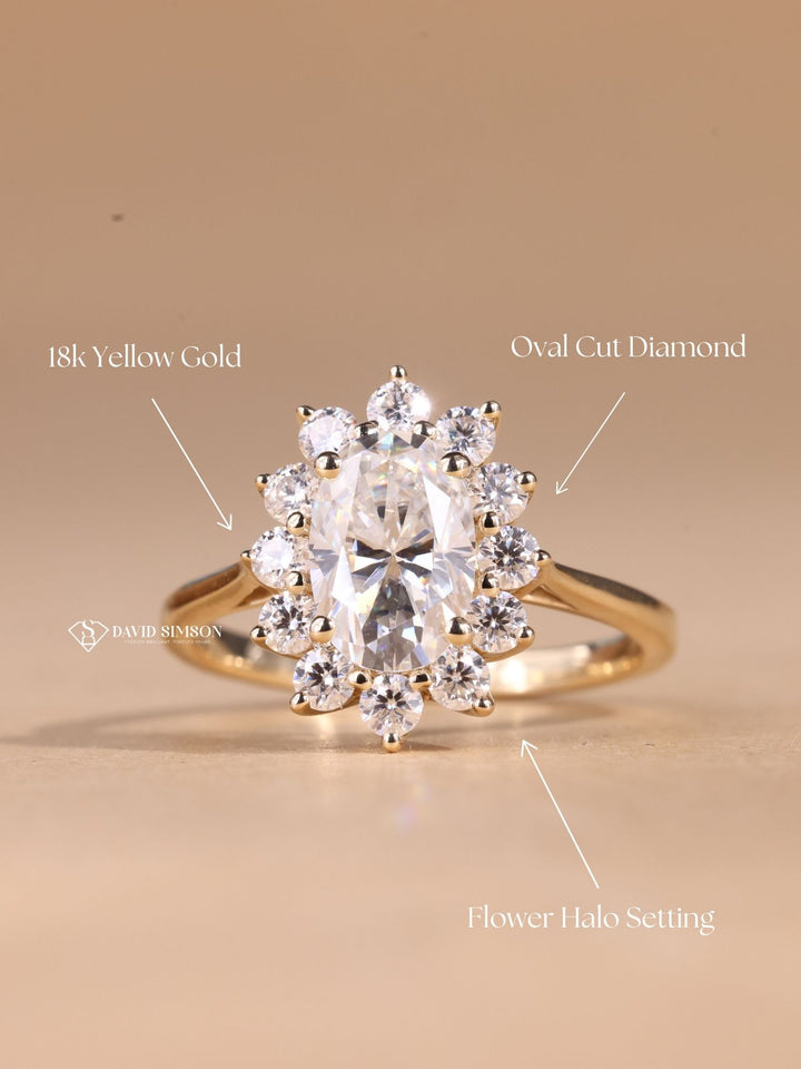 2.0CT-3.0CT Oval Cut Diamond Flower Halo Moissanite Engagement Ring for Her