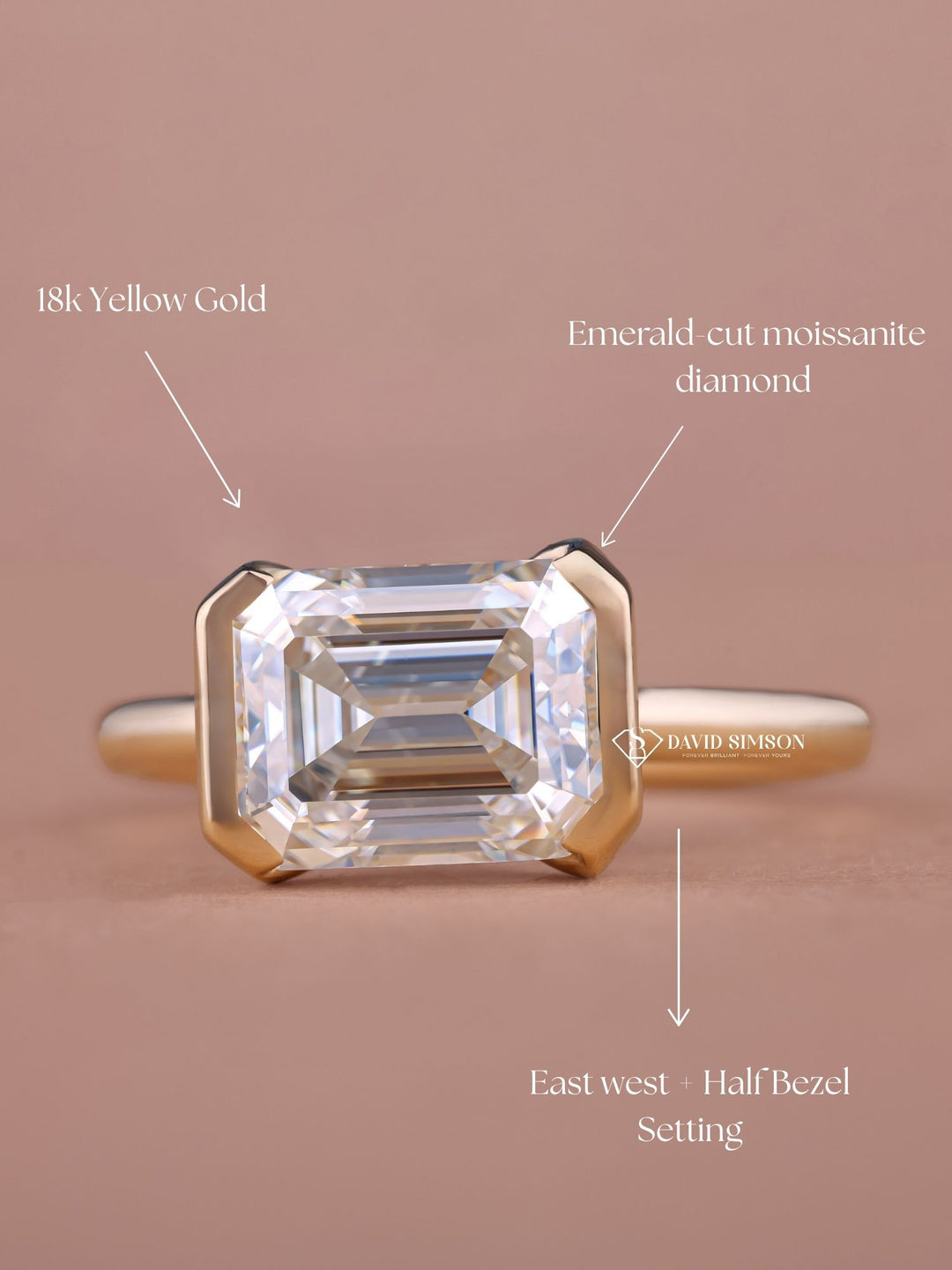 2.0CT-3.0CT East West Emerald Cut Moissanite Diamond Half Bezel Engagement Ring