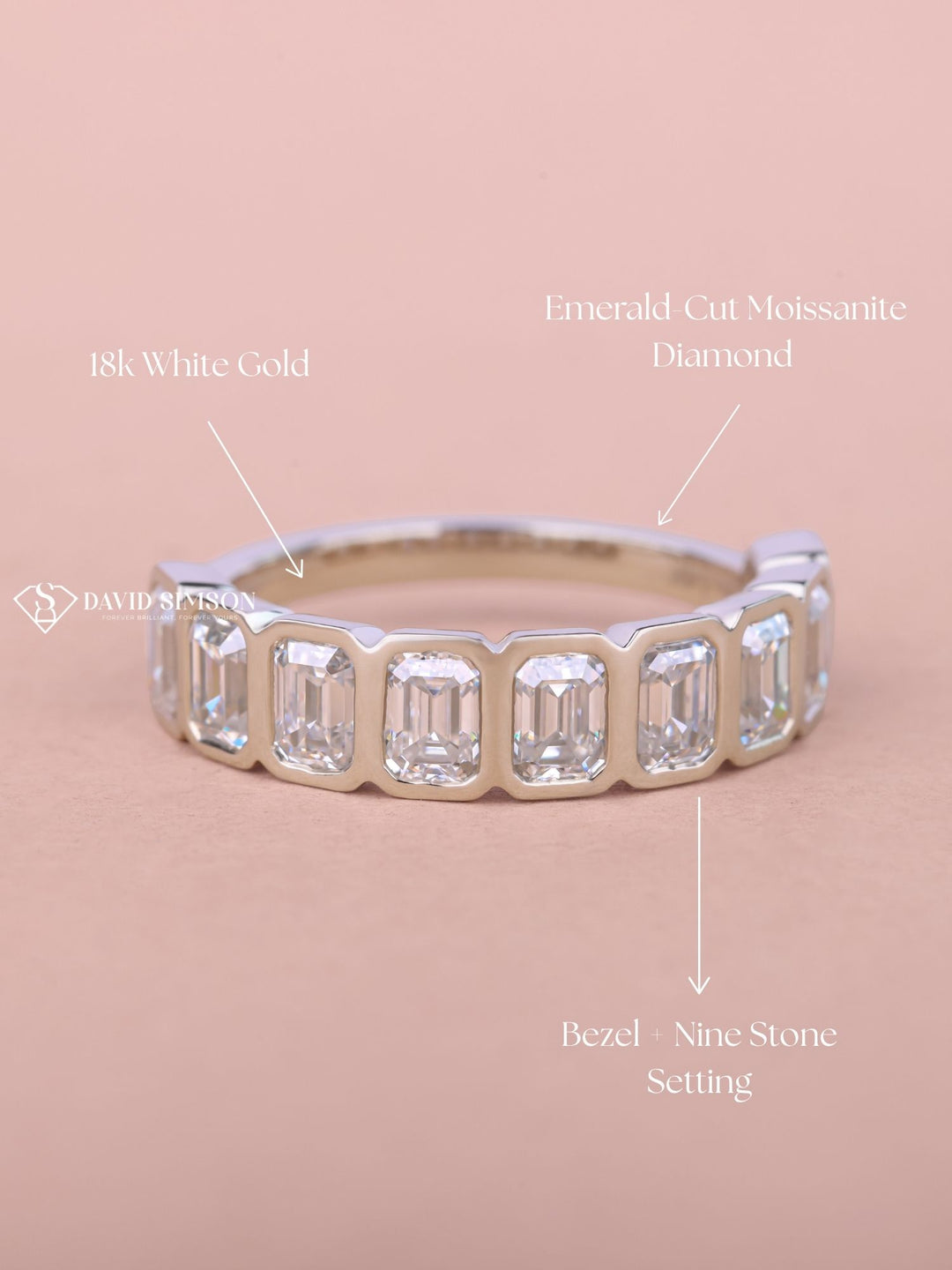 Emerald Cut Moissanite Bezel Set Diamond Wedding Band