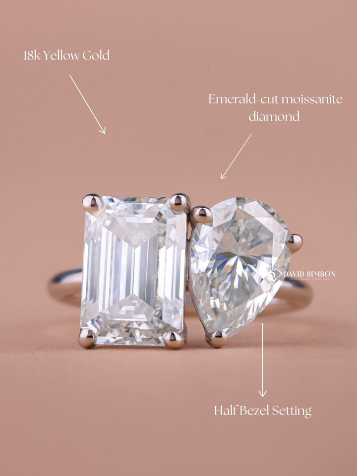 2.50CT Emerald & 2.0CT Pear Cut Moissanite Diamond Two Stone Engagement Ring