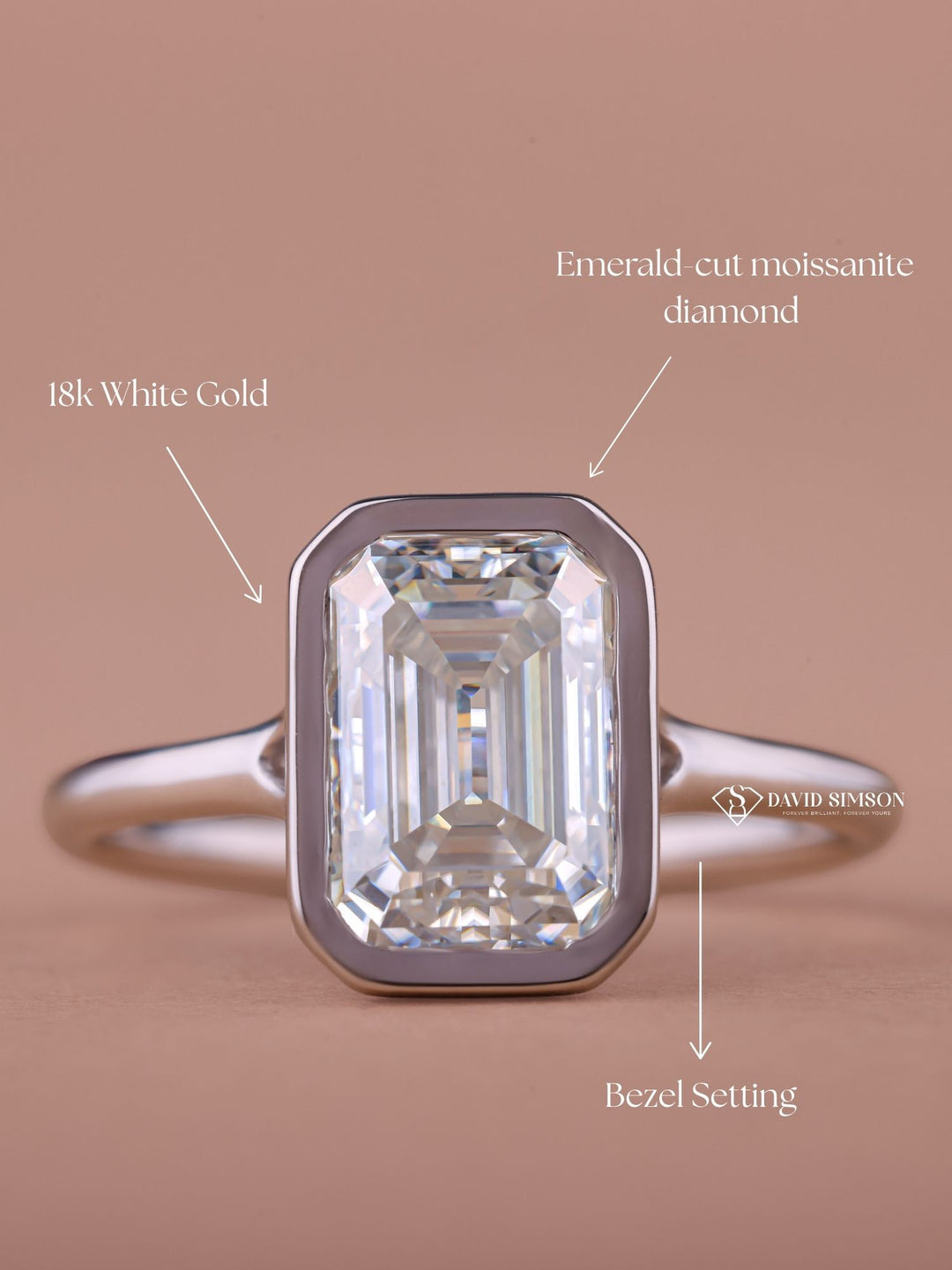 2.0CT-4.0CT Bezel Set Emerald Cut Moissanite Diamond Engagement Ring