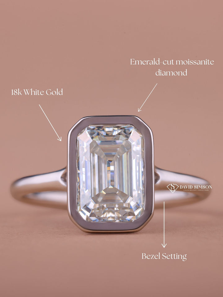 2.0CT-4.0CT Bezel Set Emerald Cut Moissanite Diamond Engagement Ring