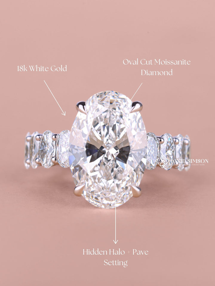 5.0CT-7.0CT Oval Cut Moissanite Hidden Halo & Pave Diamond Engagement Ring