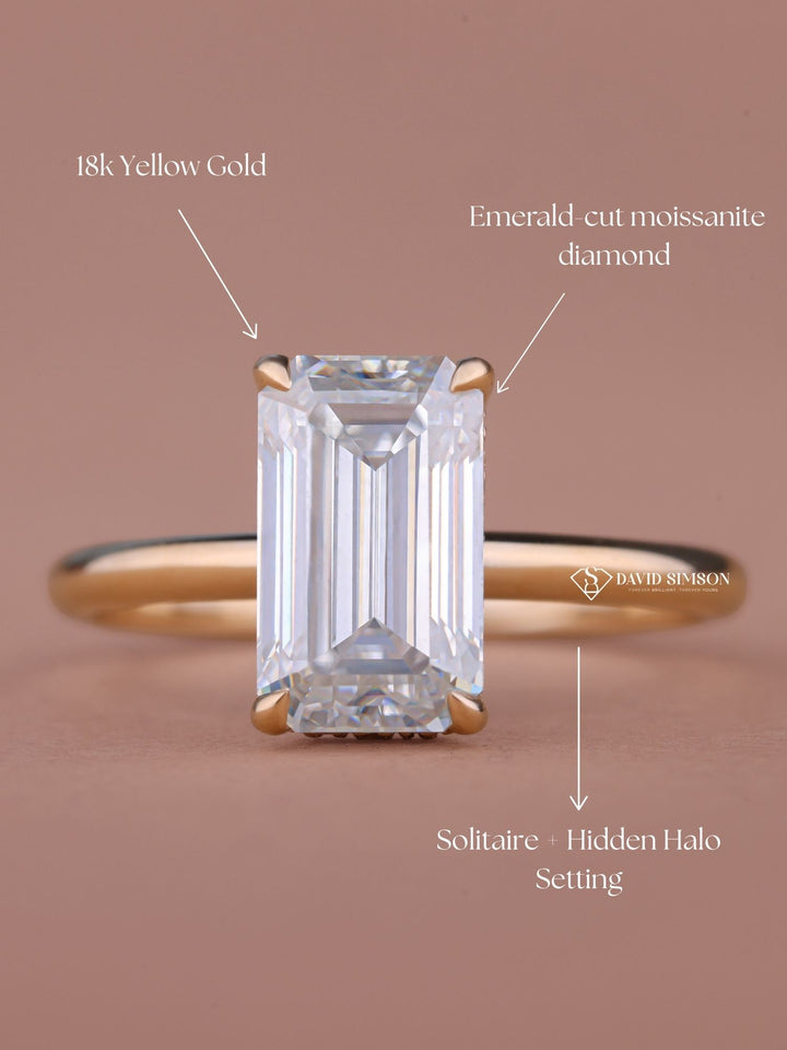 3.0CT-4.0CT Emerald Cut Moissanite Diamond Hidden Halo Engagement Ring