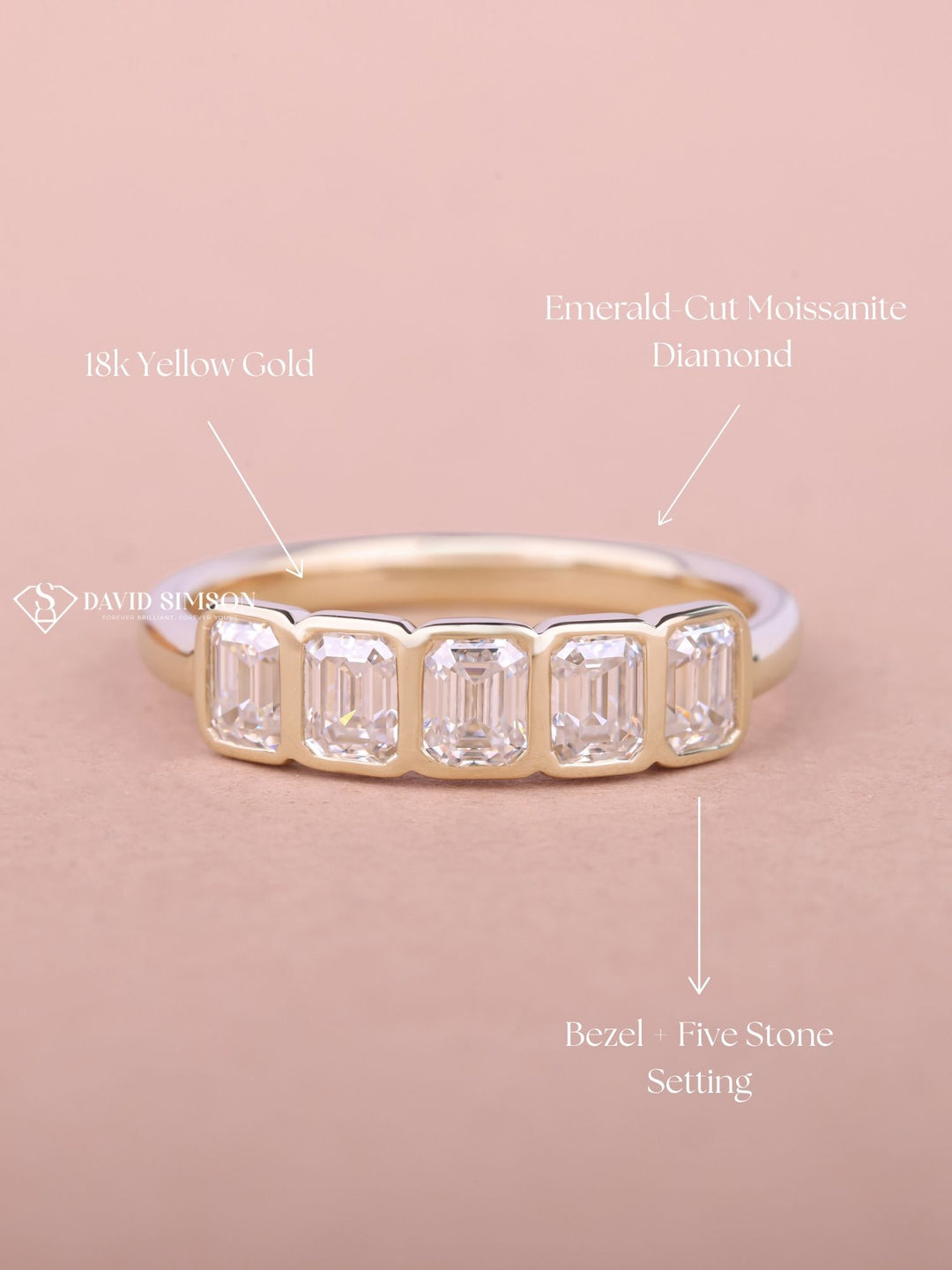 Bezel Set Emerald Cut Moissanite Diamond Five Stone Wedding Band